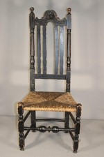 RARE W&M 18TH C CHELMSFORD MA CARVED CREST BANNISTER BACK CHAIR IN BLACK PAINT