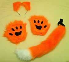 Faux Fur Furry Fox Ears Headband & Fox Wolf Tail Plush Cosplay Costume Neon Org.