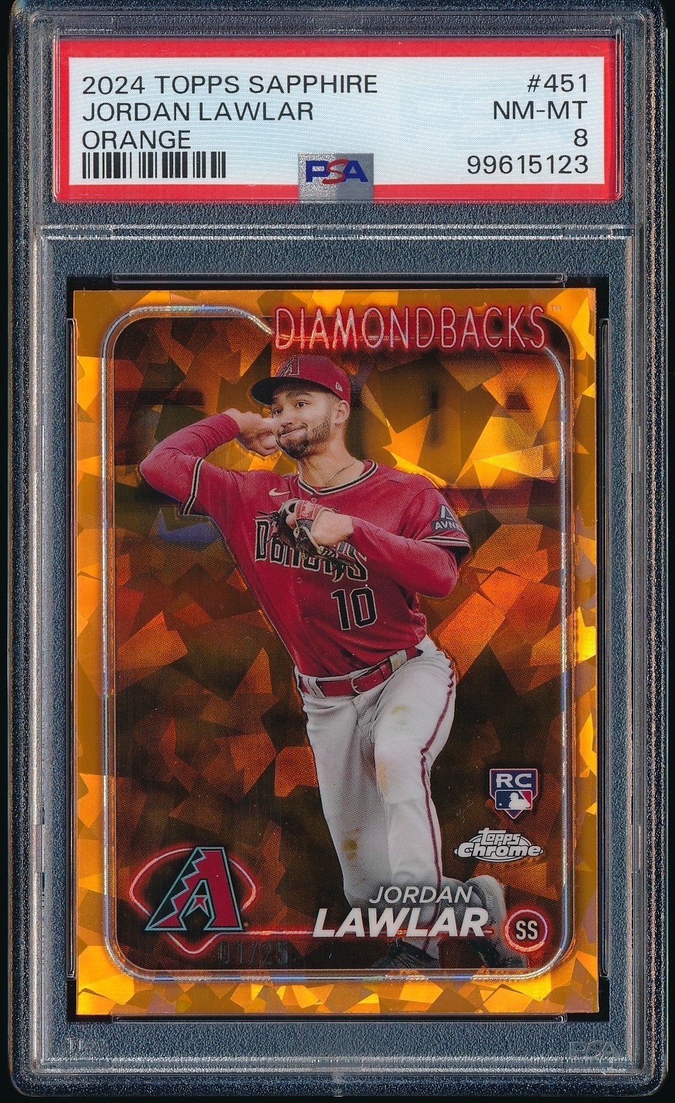 2024 TOPPS SAPPHIRE CHROME JORDAN LAWLAR ORANGE REFRACTOR REF 1/25 RC PSA 8