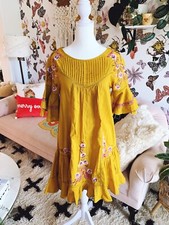 FREE PEOPLE Embroidered BOHO Hippie Peasant Style Mustard DRESS Womens XS