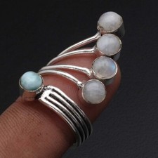 Larimar  Rainbow Moonstone Ring Dainty Ring 925 Sterling Silver Adjustable Ring