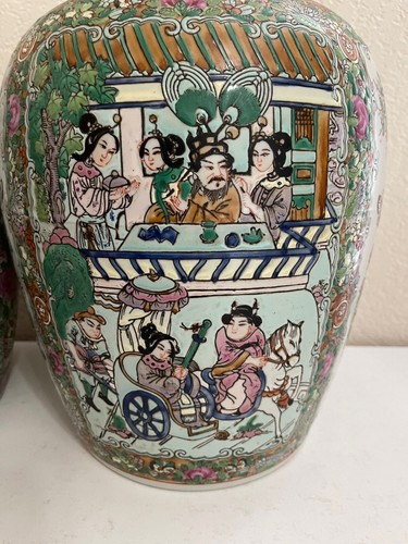 Chinese Pair of Famille Rose Porcelain Ginger Jars w/ Figures Floral & Bird Dec. - Picture 8 of 17
