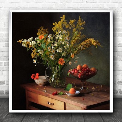 Blumenstillleben Vase Flora Floral Pfirsich Schreibtisch Obst Beere eckig Wandbild Druck