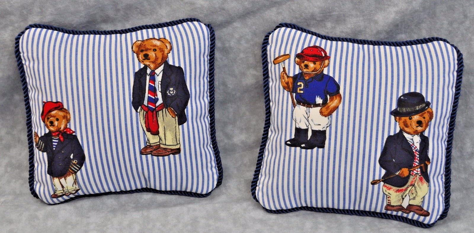 NEW Two Custom Ralph Lauren Polo Teddy Bear Blue Pin Stripe Fabric Pillows 6