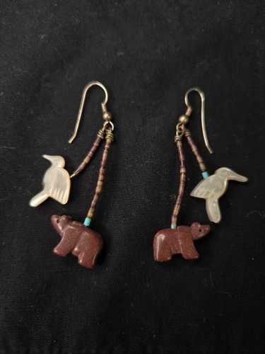 native american Bear and bird Earrings Sterling