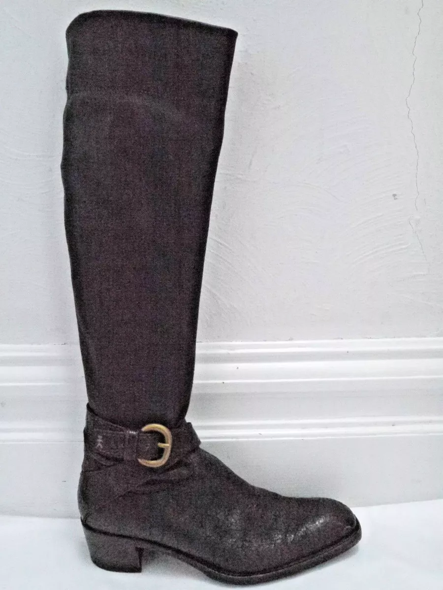 HENRY BEGUELIN brown stretch leather strap detail knee high boots Italian 36.5