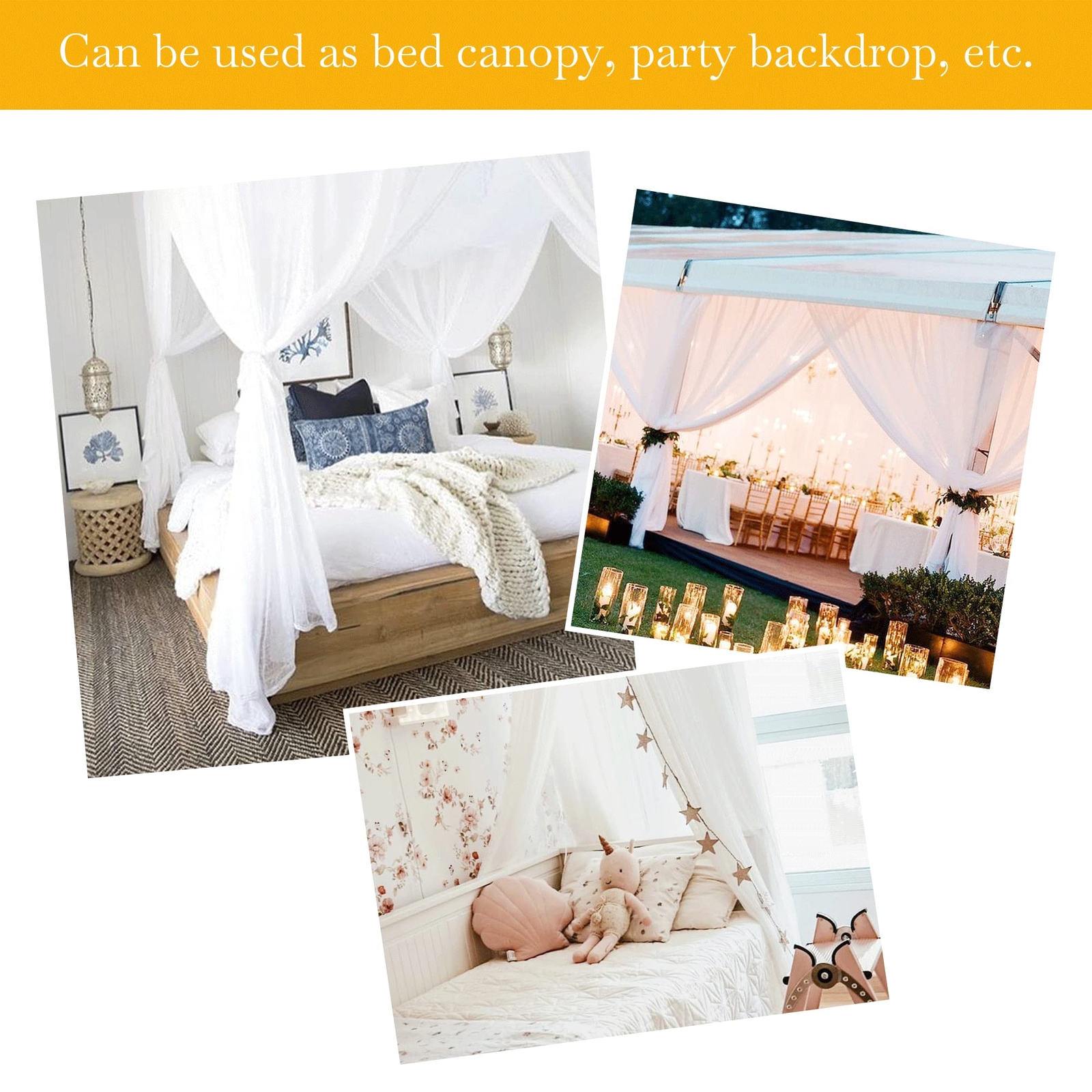 Canopy Bed Curtains with Tie Tops and Tie Backs, White Sheer for Twin Full Qu...