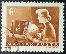 Hungary-Magyar Posta 6f +- 1973. The stamp shows a lady using a telex machine.