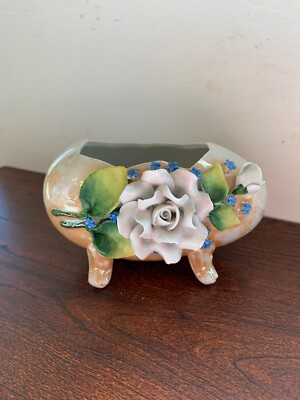 German Porcelain Egg Shape Open Salt Sugar Planter With Porcelain Rose Easter