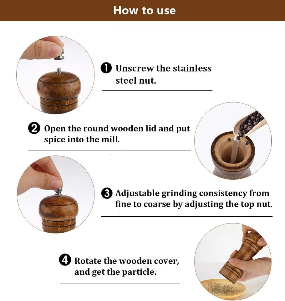 Juego de molino molinillo de sal y pimienta madera con tosquedad ajustable 5,5 pulgadas / juego de 2 Foto 4 de 4