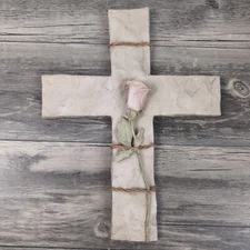 Vtg Resin Rose Cross Heavy Faux Marble Textured 10x13 3D Wall Mounted Dated 1998