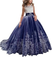 New Princess Long Girls Pageant Dress Puffy Tulle Ball Gown Navy  White sz 2-3
