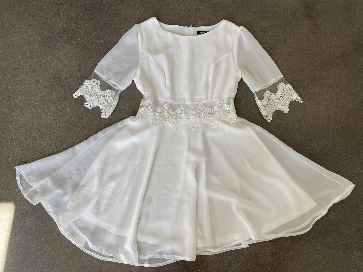 DRESS Boohoo ivory white 3/4 sleeve lace trim dress women's sz 6 PARTY PROM  | eBay