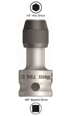 Wera 784 B METAL 3/8" Square Drive-1/4" Hex Screwdriver Bit Adaptor Chuck,042755