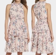Eliza J Fairy Ruffle Dress Pink Blush Tiered Floral Sleeveless Smocked Size 14