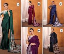 Designer Ajrakh Print Satin Party Saree Indian Ethnic Festive Women Sari Blouse