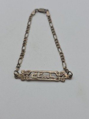 Vintage Sterling Silver 925 Italy Floral Hebrew? Tag Chain Bracelet 7.25''