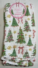 ENVOGUE KITCHEN TOWELS (2) CHRISTMAS TREES PINK BOWS COTTON GAUZE 18 X 28 NWT