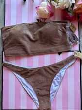 Victoria's Secret Pink Women's Shimmer Fabric Bikini Set Swimsuit In Brown M NWT