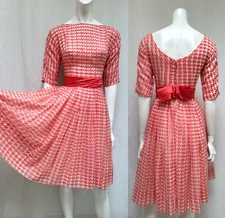 Vintage 1950s Red White Houndstooth Check Chiffon Fit N Flare Dress - Size XS