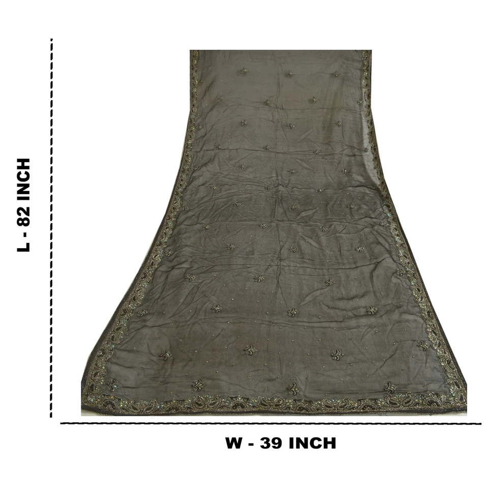 Санскрити винтажный длинный черный Dupatta/украл чисто шифоновое шелк вручную бисером шарфы - Изображение 3 из 4