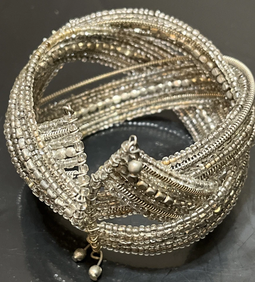 Brazalete de cuentas vintage transparente y tono plateado cuentas alambre cruzado ajustable grueso Foto 2 de 4