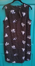 Ann Taylor NWT 10p Black Cotton Lace Shift Dress Blue/White Embroidered Flowers