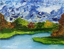 Original Oil Painting, Impressionist Landscape with Lake Impasto style 11"x14"