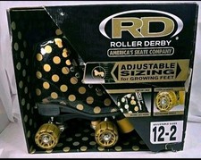 Roller Derby Black/Gold Polka Dot Roller Skates Girls Adj Sz 12-2 New