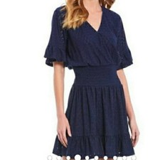 Michael Kors Navy Eyelet Dress Smocked Waist V Neck Short Sleeve Womens Medium
