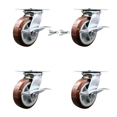 6 Inch Polyurethane Caster Set with Ball Bearing 4 Brake and 2 Swivel Lock SCC