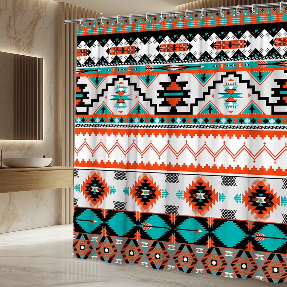Cortina de Ducha Geométrica Navajo Tribal, Patrón de Pixeles Étnicos del Suroeste Foto 4 de 4