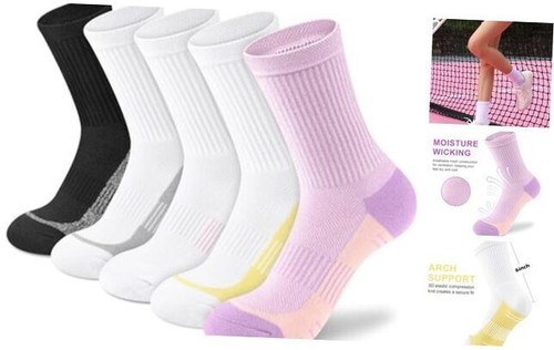 Crew Socks Women Athletic Hiking Running 5-8 5 Pairs White/Black/Purple