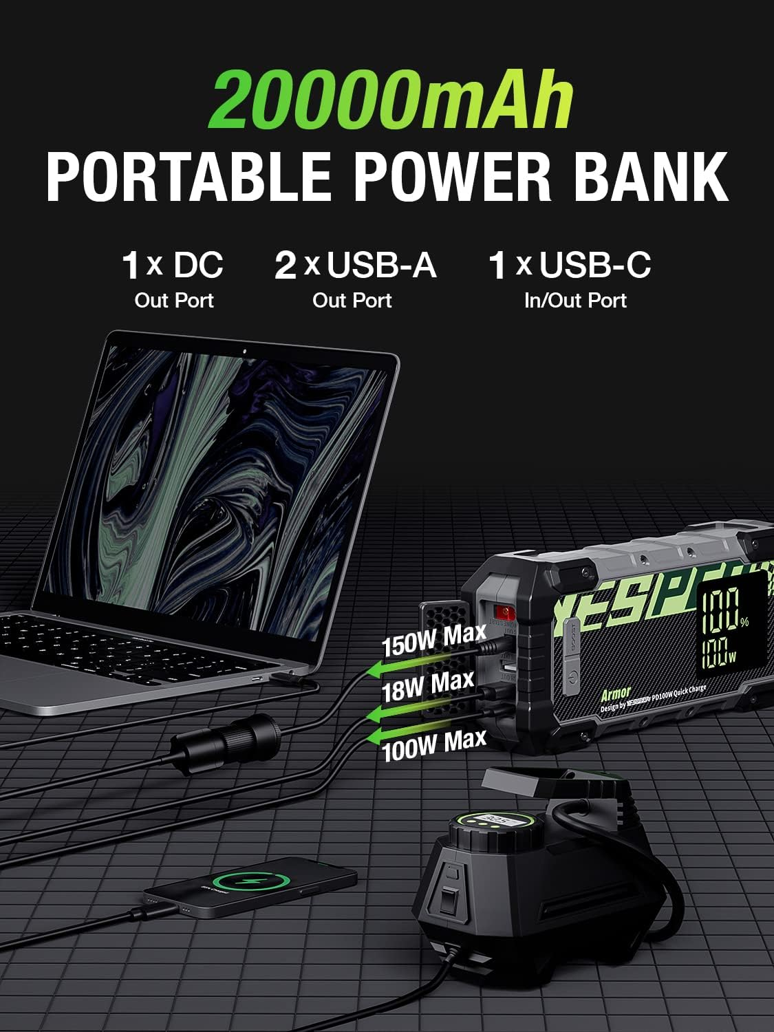 YESPER Battery Jump Starter 3000A Peak Portable Car Booster 100W Fast ...