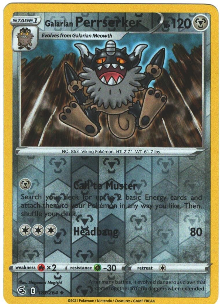 Galarian Perrserker 181/264 Fusion Strike Reverse Holo Uncommon Pokmon TCG Galarian Perrserker 181/264 Fusion Strike Reverse Holo Uncommon Pokmon TCG