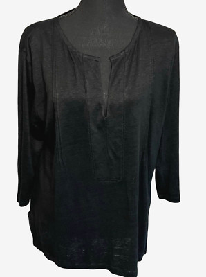 Poetry 100% Linen Top Popover US Size 10 Black Split Neck Capsule Minimalist