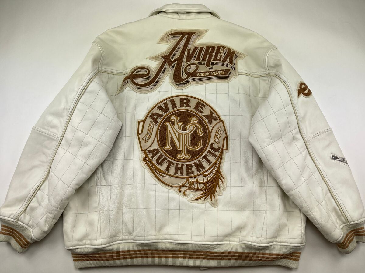 AVIREX leather jacket white vintage varsity coat 90s hip hop AVIREX leather jacket white vintage varsity coat 90s hip hop