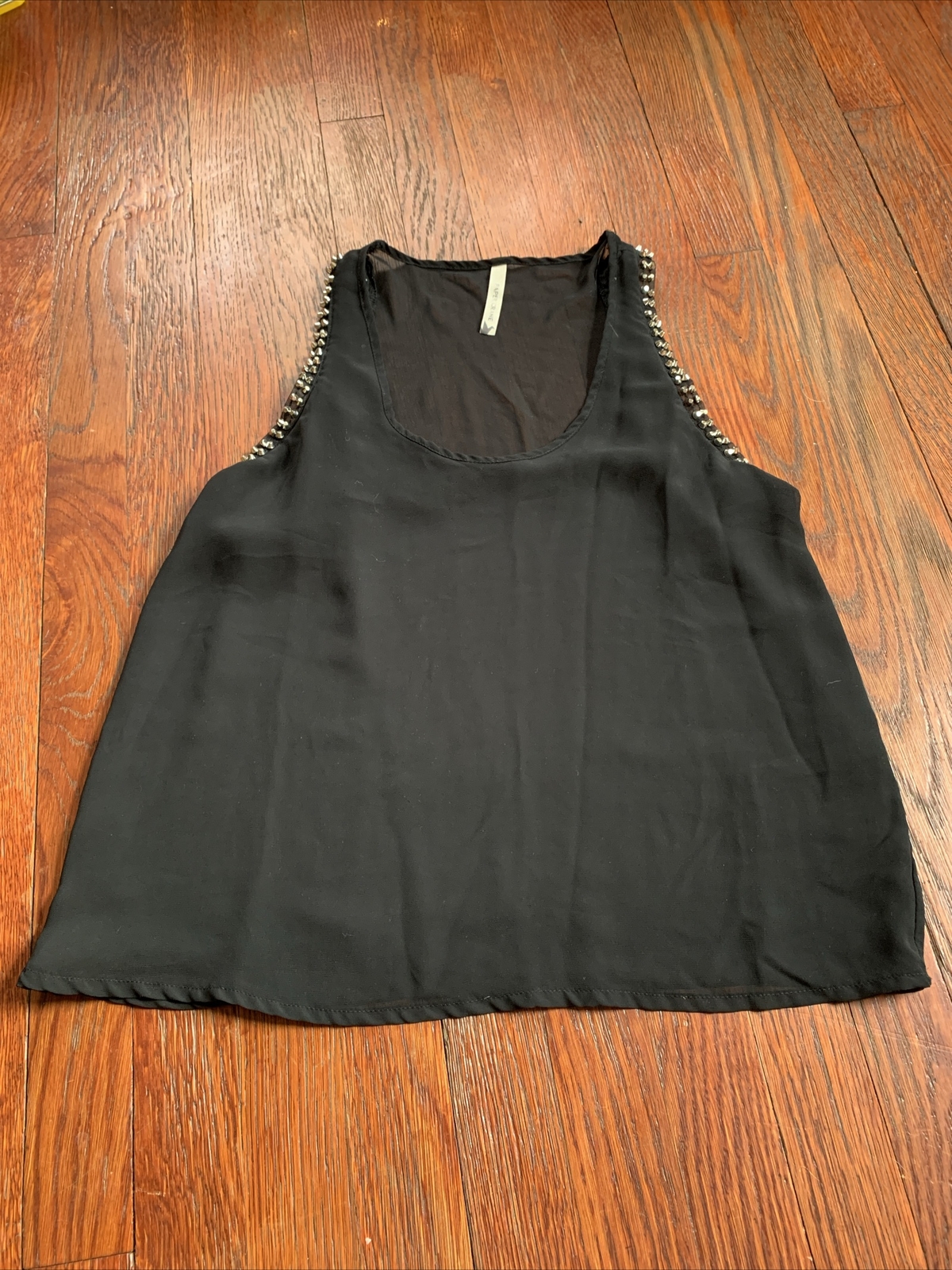 Women's Black Sheer Studded Rocker Tank Top Grunge Biker Style Medium