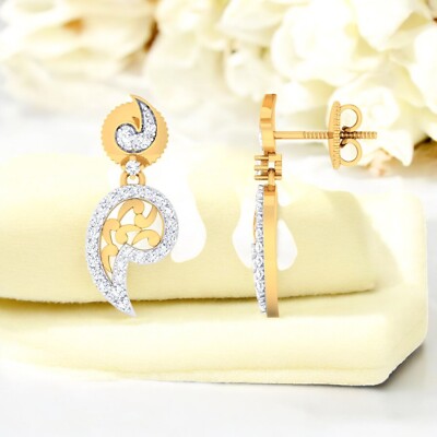 Pave 0.80 Cts F/VS1 Round Brilliant Cut Diamonds Comma Dangle Earrings 14K Gold