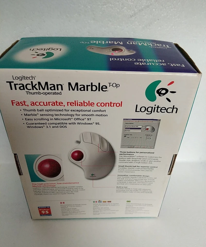 Vtg Logitech Trackman Marble Mouse Windows 95 Thumb Operated 3 Buttons  - Image 4 of 4