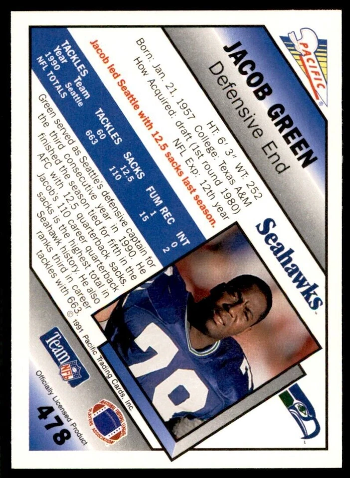 1991 Pacific. Jacob Green Seattle Seahawks #478 - Image 2 of 2