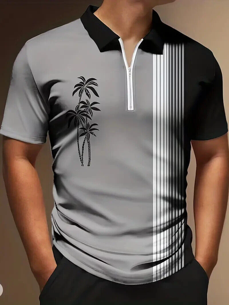 Polo T Shirt Zipper Collar Black Gray Striped Coconut Palm Tree Zip Golf Stylish