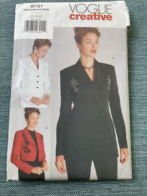 Misses Jacket Pattern, Sze: 12-14-16, Vogue 9751, UNCUT vintage c1997