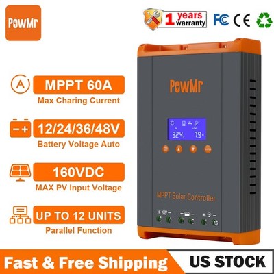 60A MPPT Solar Charge Controller 12V 24V 36V 48V Battery 160VDC Parallel 12 Unit
