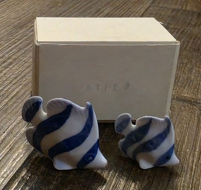 Miniature Porcelain Fish Figurines Set of 2 White w/Blue Stripes Pink On End 