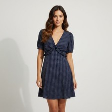 Madewell Navy Blue Polka Dot V-Neck Puff Sleeve Ruffle Mini Dress Size 0