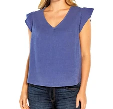 Three Dots Short Sleeve V-Neck Double Layer Cotton Gauze Blouse Medium Periwinkl