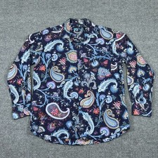Alan Flusser Mens L Navy Blue Paisley Floral Button Down Shirt Long Sleeve