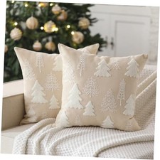 Christmas Tree Embroidered Pillow Covers Set of 2 18 x 18 Inch Cream White
