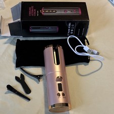 Cordless Automatic 1in Ceramic Hair Curler, Digital Display, Pink HC-998